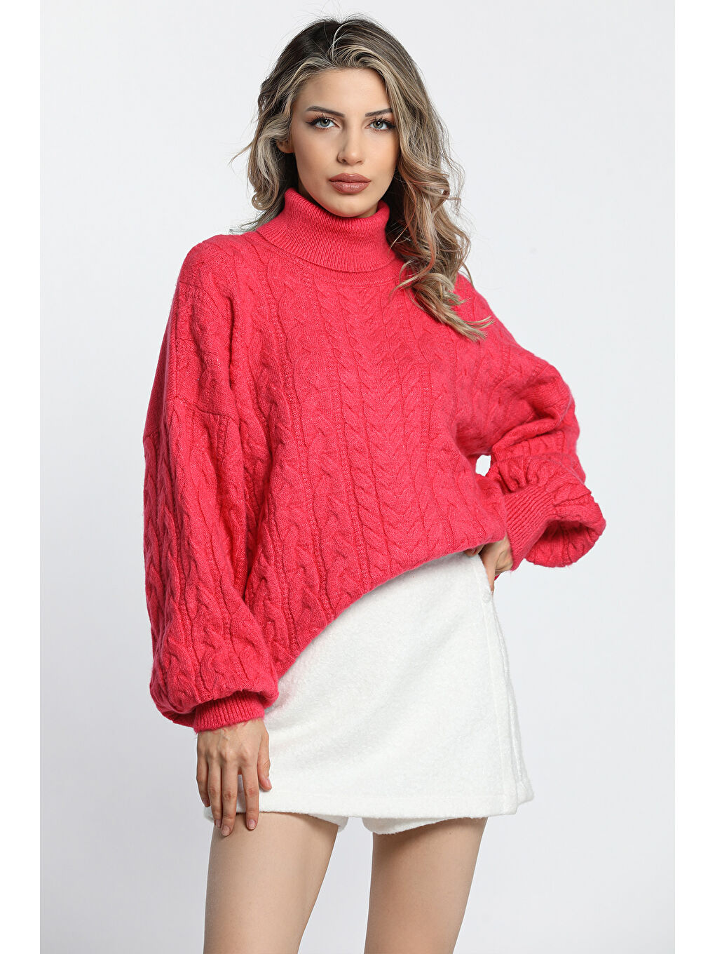 Fuşya Kışlık Balıkçı Yaka Örgü Detaylı Kadın Salaş Triko Kazak