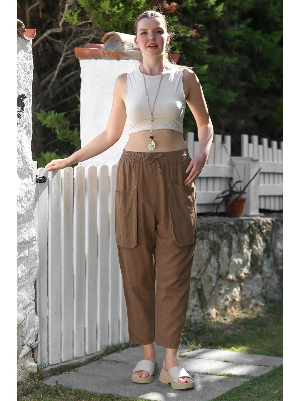 Kahverengi Organik Pamuk Tarçın Rengi Kargo Cepli Lastikli Ve Bağlamalı Bel Şalvar Dokuma Pantolon 100 65-2