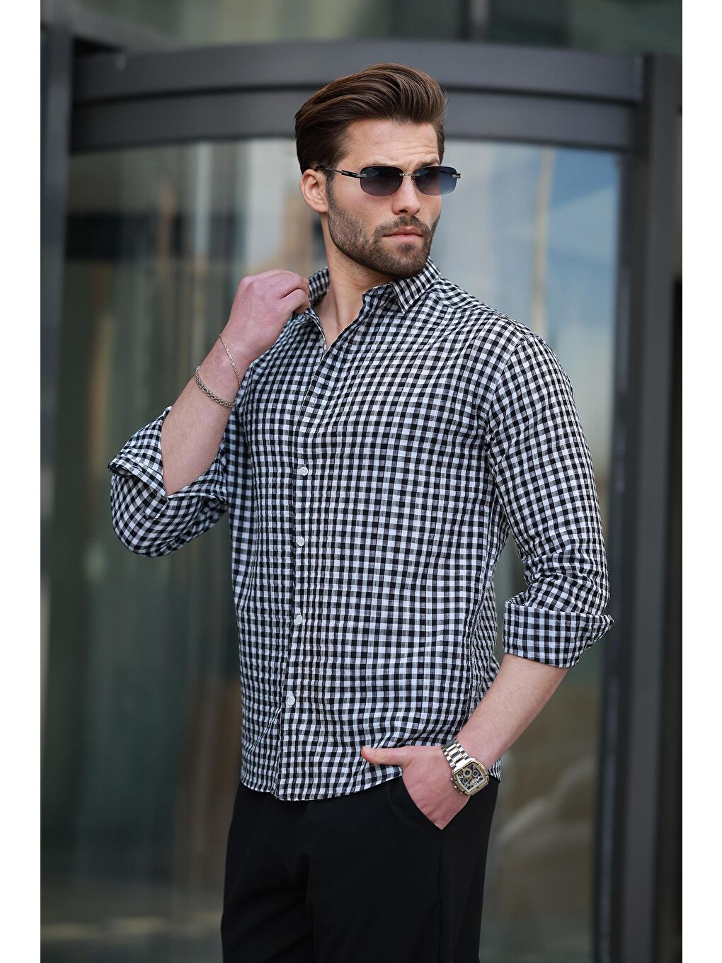 Siyah Pötikareli Uzun Kollu Erkek Gömlek E6763-2