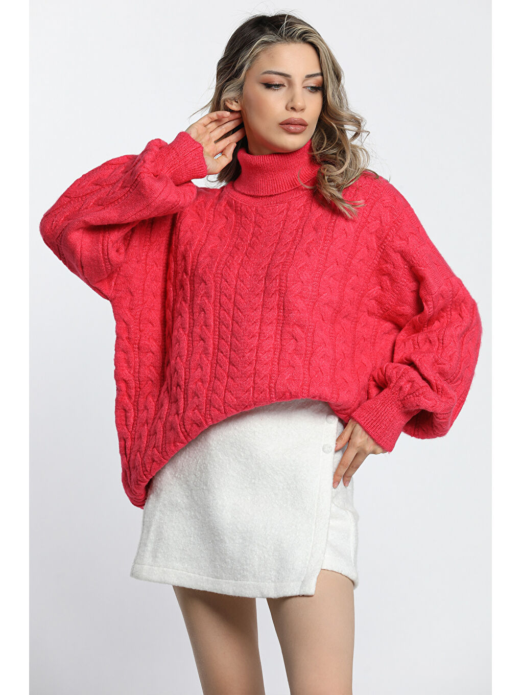 Fuşya Kışlık Balıkçı Yaka Örgü Detaylı Kadın Salaş Triko Kazak-1