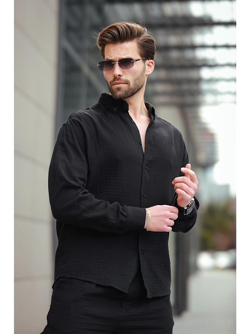 Siyah Mavi Basic %100 Pamuklu Uzun Kollu Erkek Gömlek E6761-1