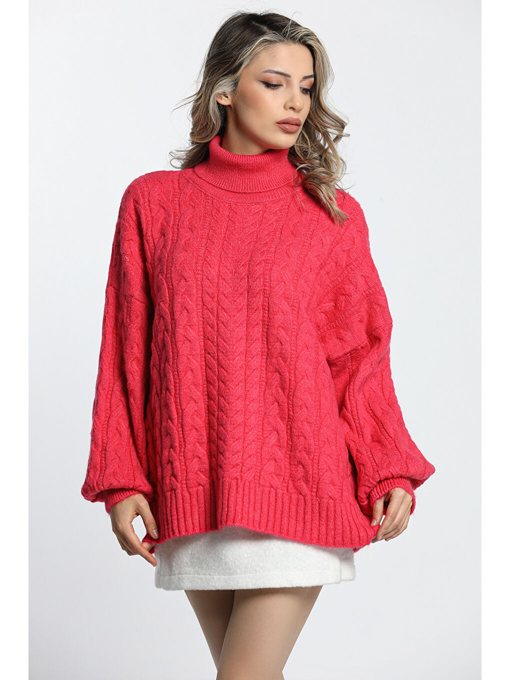 Fuşya Kışlık Balıkçı Yaka Örgü Detaylı Kadın Salaş Triko Kazak-2