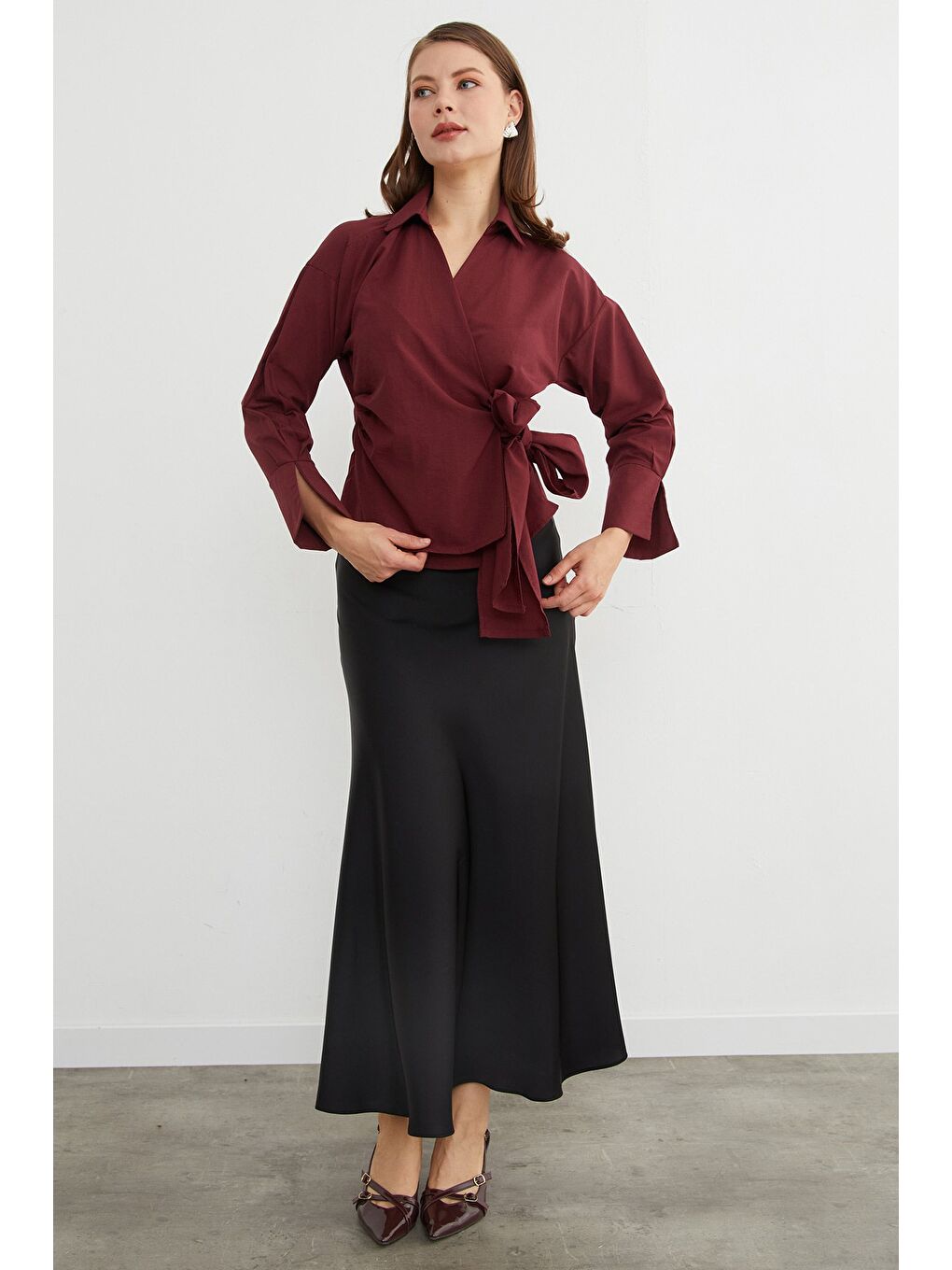 Bordo Basic Kruvaze Bağlamalı Gömlek-1