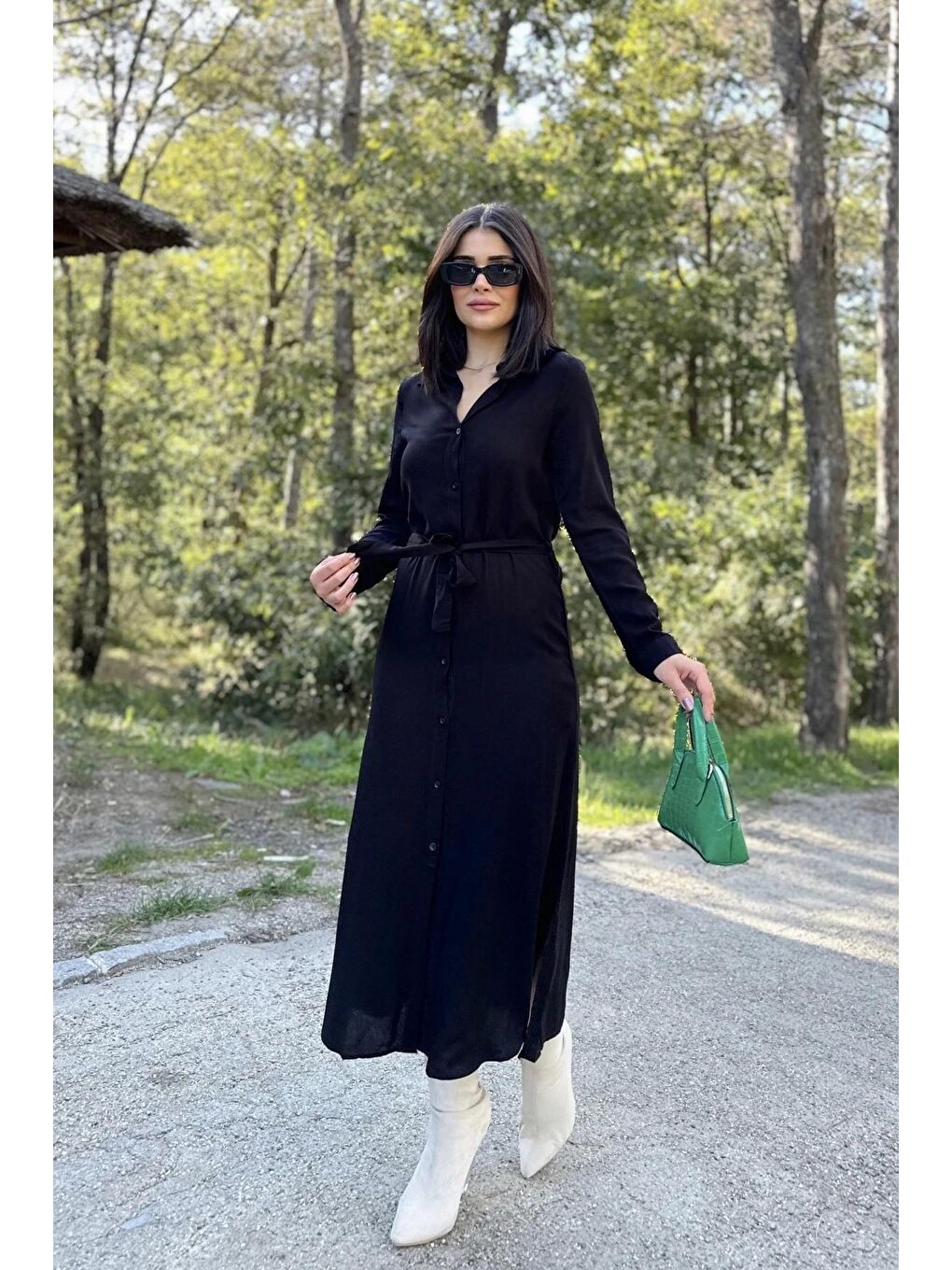 Siyah Uzun Viskon Gömlek Elbise-2