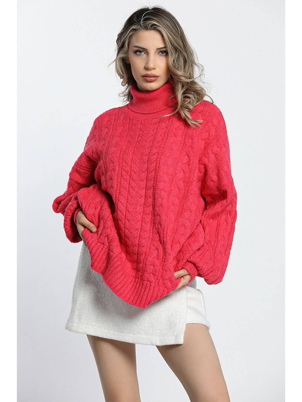 Fuşya Kışlık Balıkçı Yaka Örgü Detaylı Kadın Salaş Triko Kazak-3