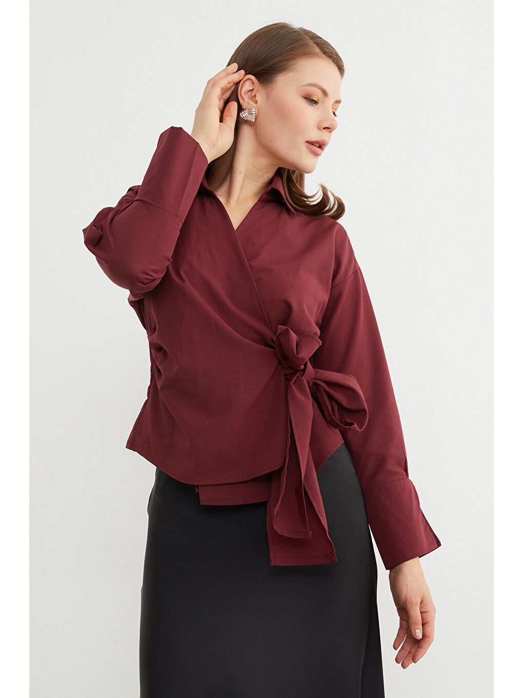 Bordo Basic Kruvaze Bağlamalı Gömlek-2