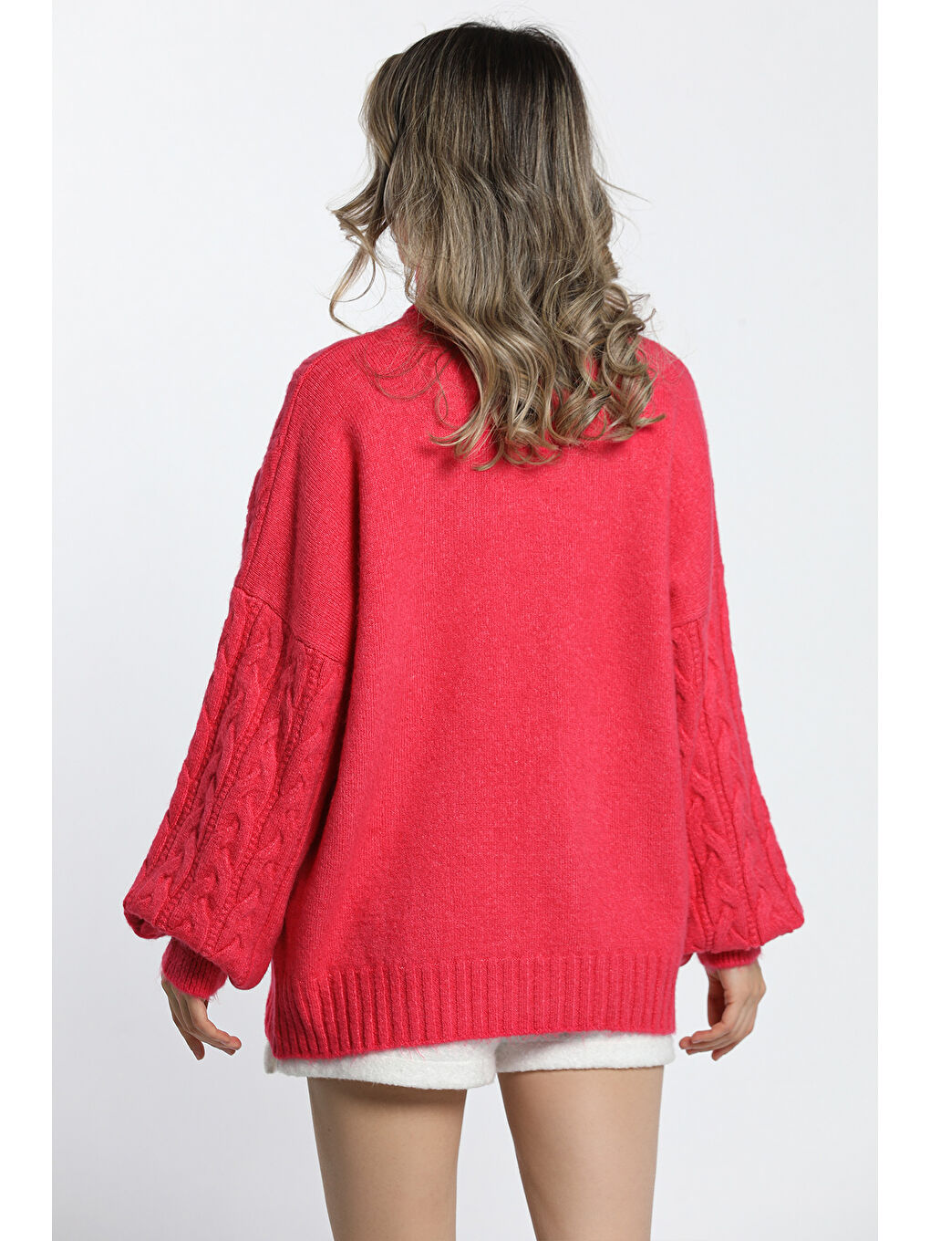 Fuşya Kışlık Balıkçı Yaka Örgü Detaylı Kadın Salaş Triko Kazak-4