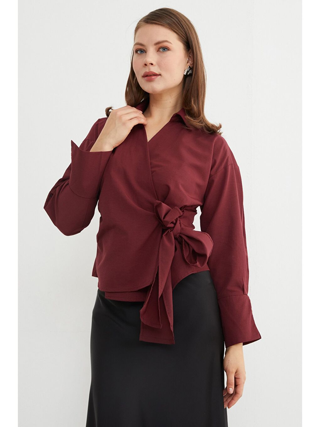 Bordo Basic Kruvaze Bağlamalı Gömlek-3