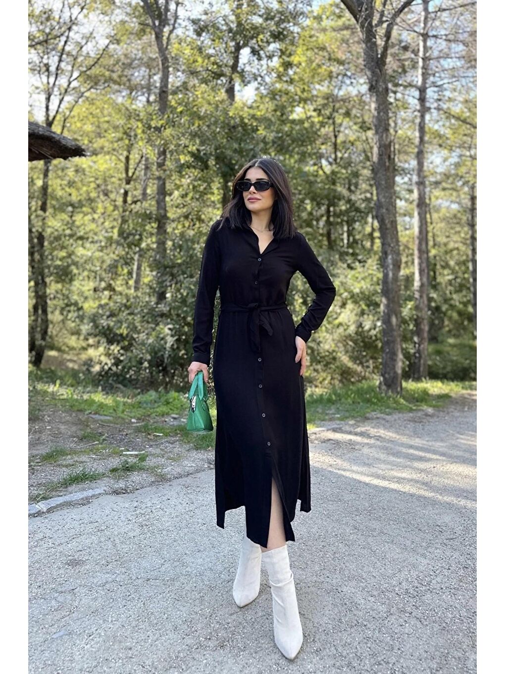 Siyah Uzun Viskon Gömlek Elbise-3