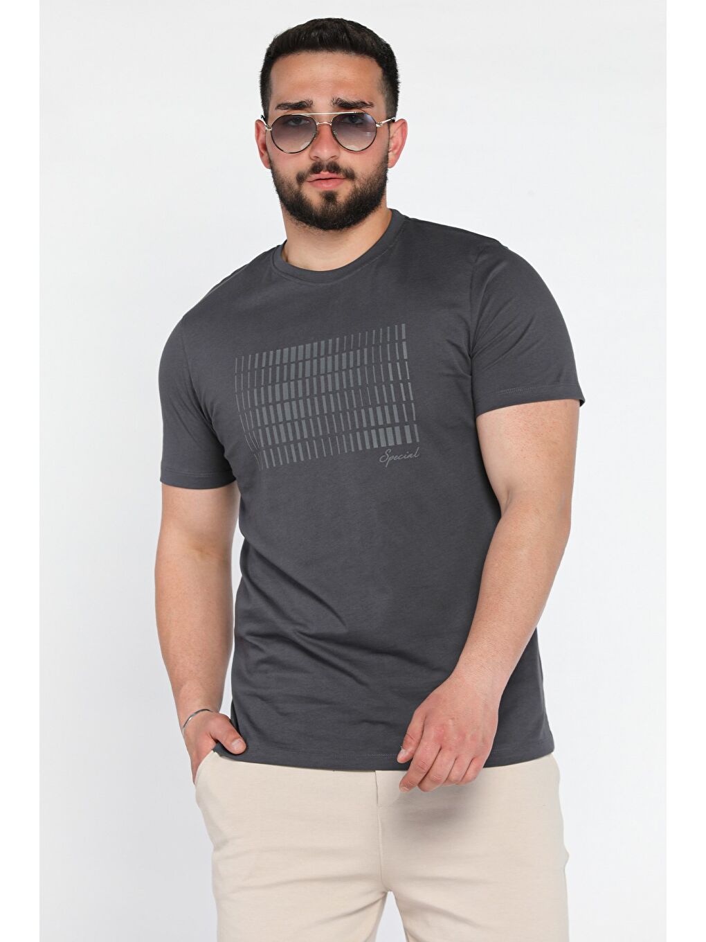 Gri Erkek Bisiklet Yaka Baskılı Tişört