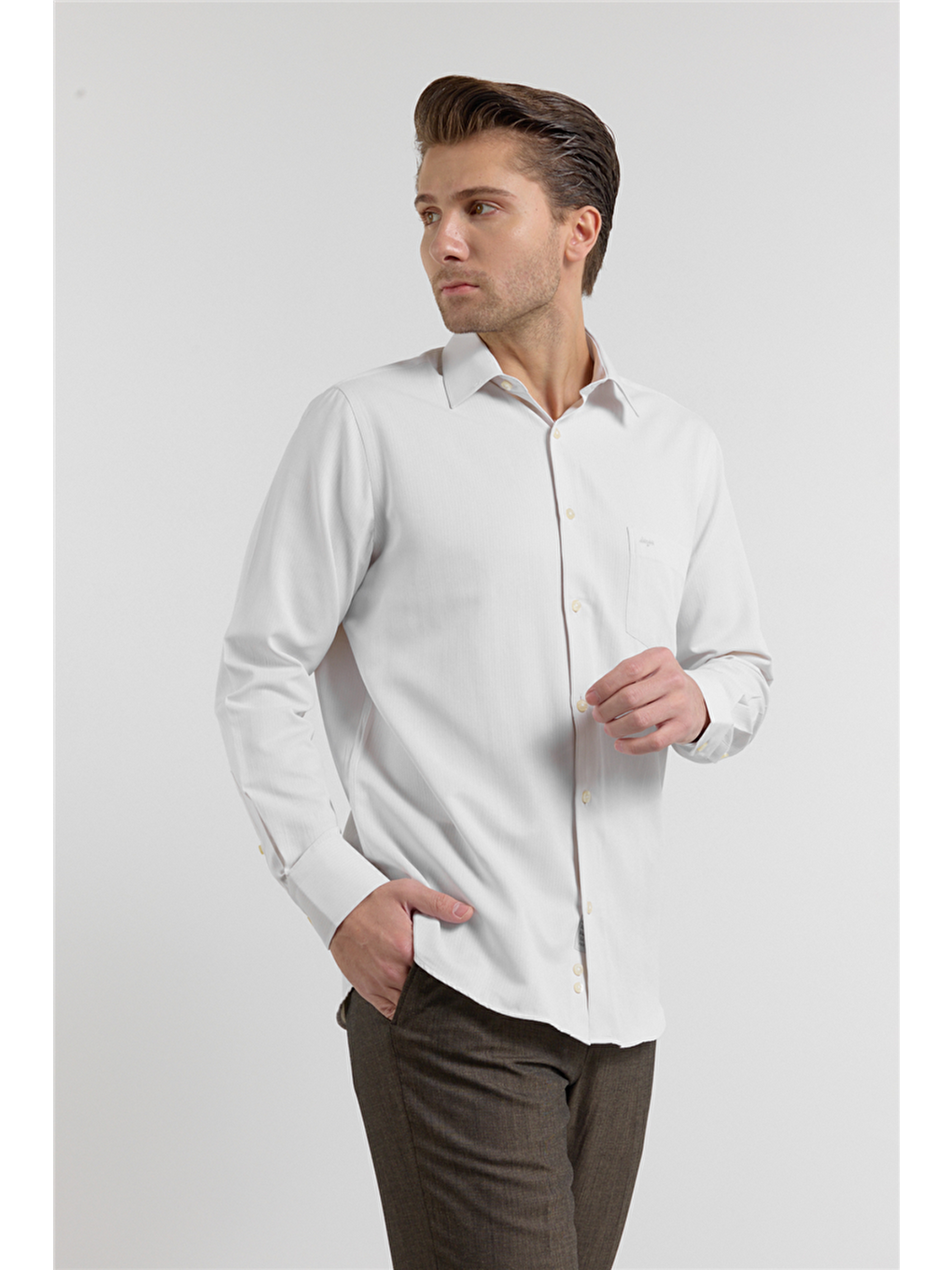 Koyu Bej Çizgili Desen Sert Yaka Uzun Kol Cepli Comfort Fit Pamuklu Gömlek 1004255268-2