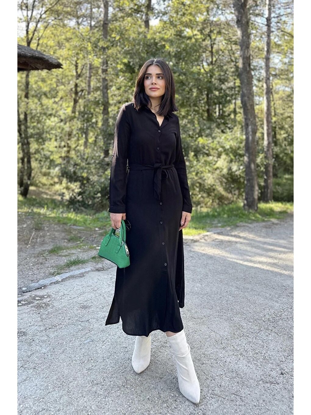 Siyah Uzun Viskon Gömlek Elbise-4