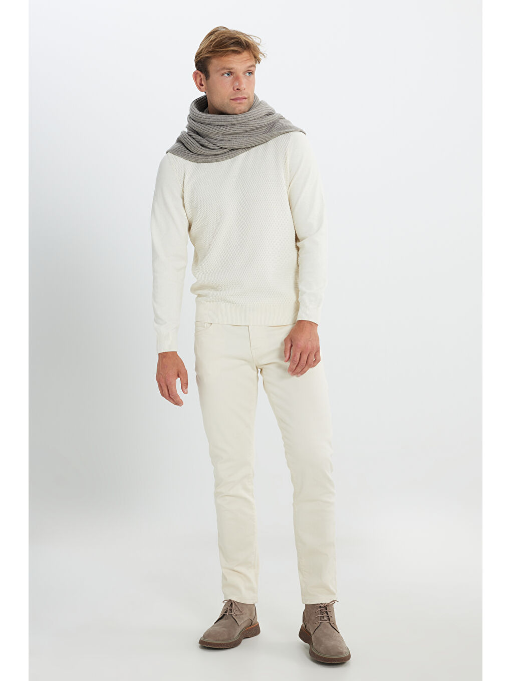 Erkek Ekru Pamuklu Standart Fit Normal Kesim Bisiklet Yaka Jakarlı Triko Kazak-1