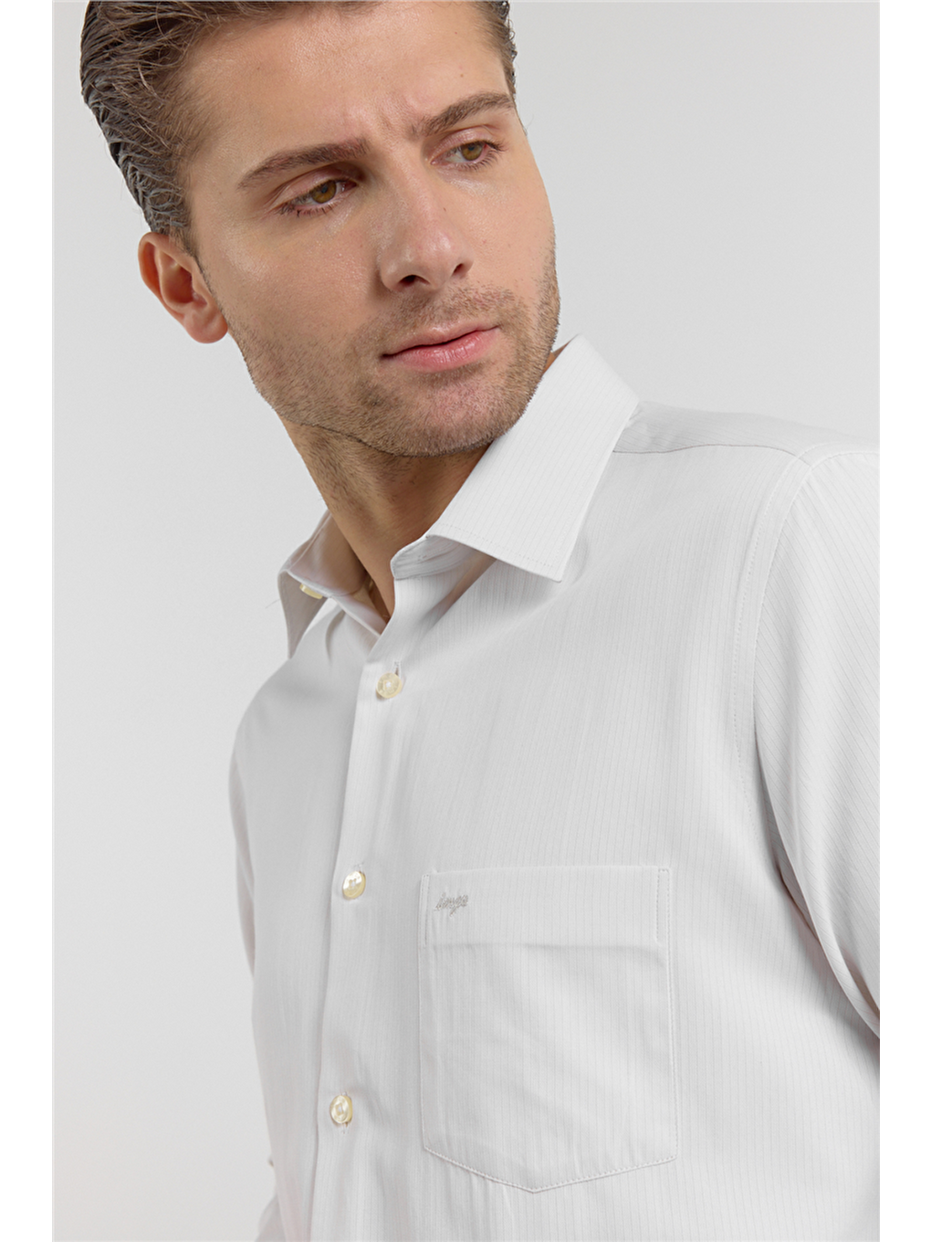 Koyu Bej Çizgili Desen Sert Yaka Uzun Kol Cepli Comfort Fit Pamuklu Gömlek 1004255268-3