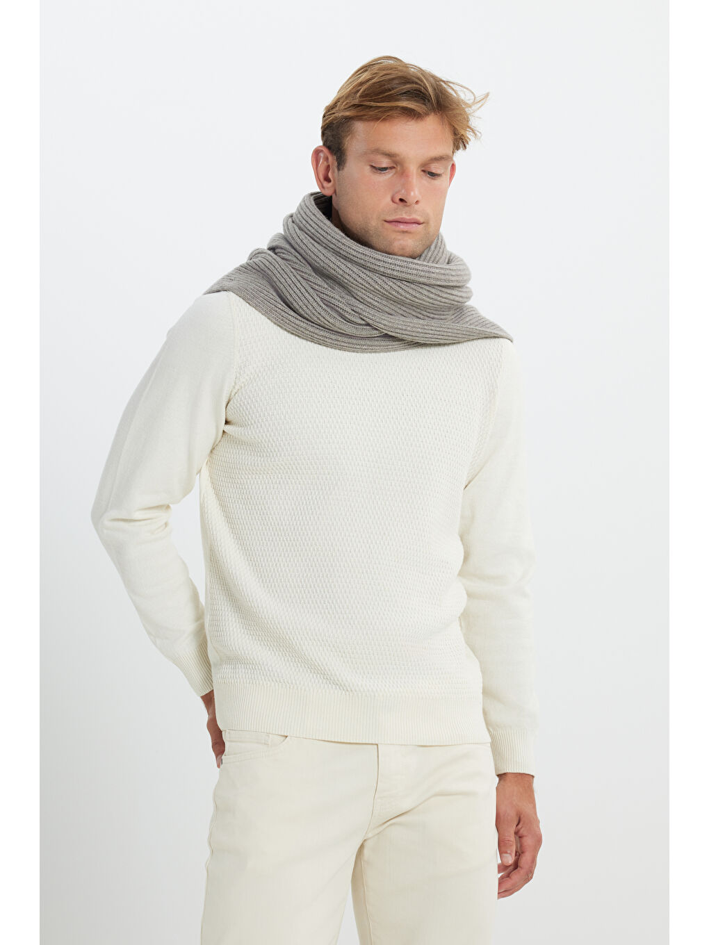 Erkek Ekru Pamuklu Standart Fit Normal Kesim Bisiklet Yaka Jakarlı Triko Kazak-2