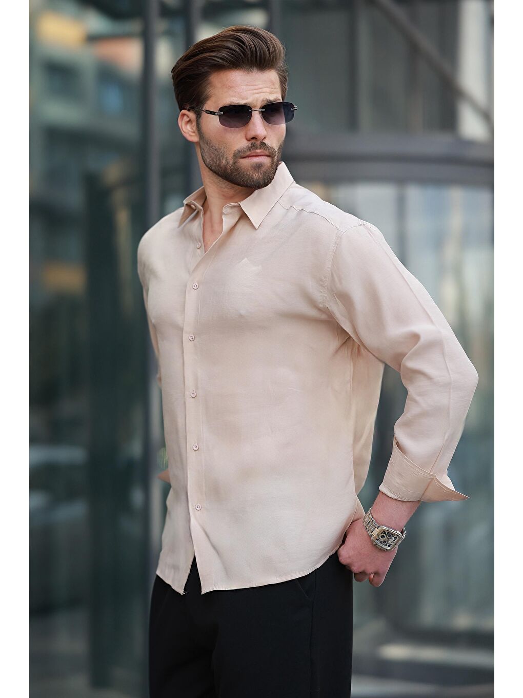 Bej Basic Uzun Kollu Erkek Gömlek E6762