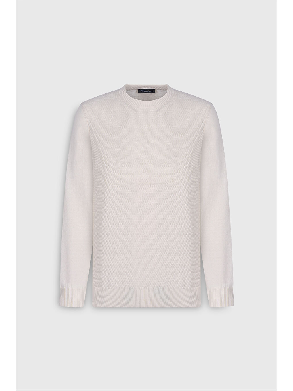 Erkek Ekru Pamuklu Standart Fit Normal Kesim Bisiklet Yaka Jakarlı Triko Kazak-5