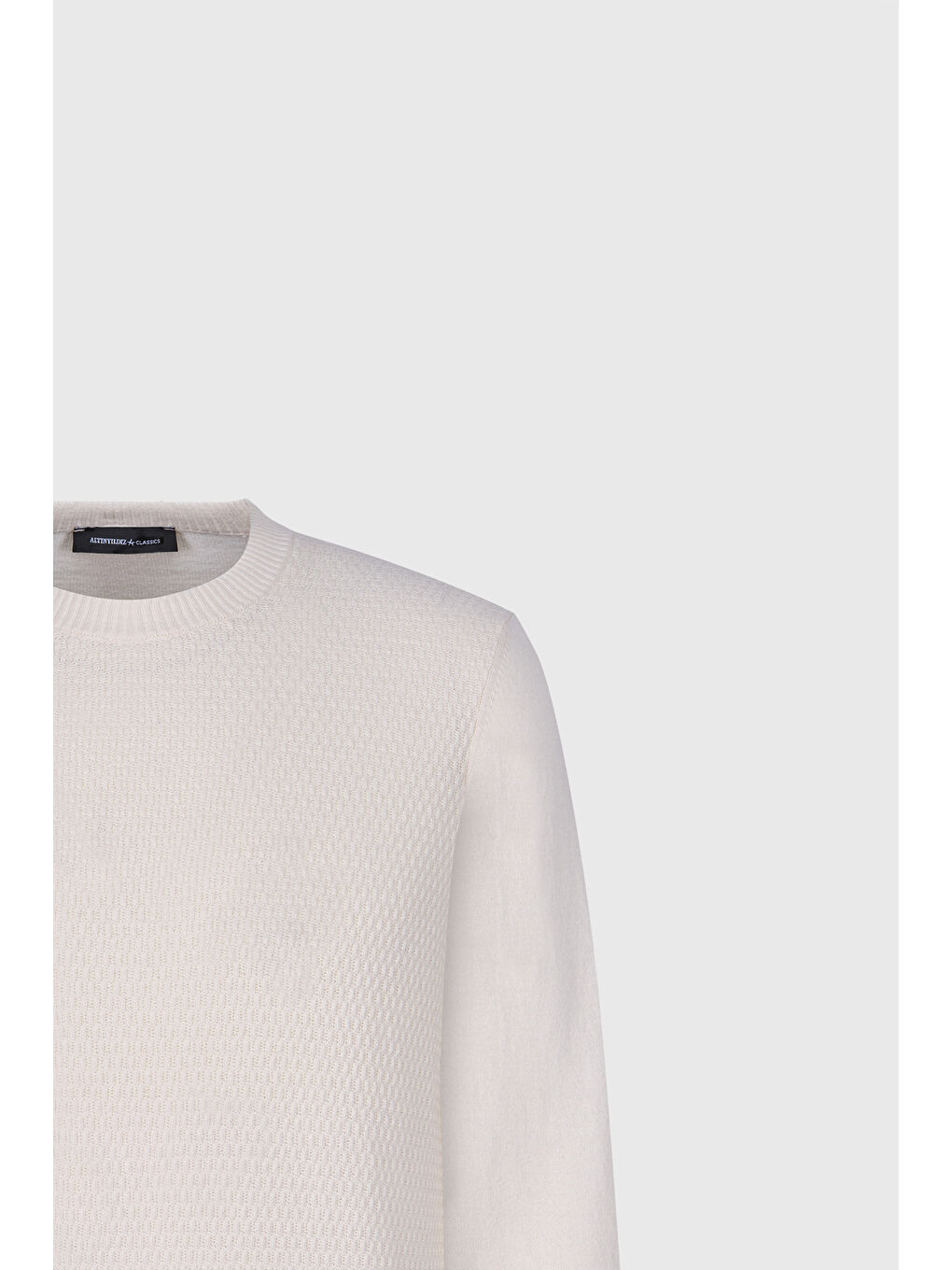 Erkek Ekru Pamuklu Standart Fit Normal Kesim Bisiklet Yaka Jakarlı Triko Kazak-6