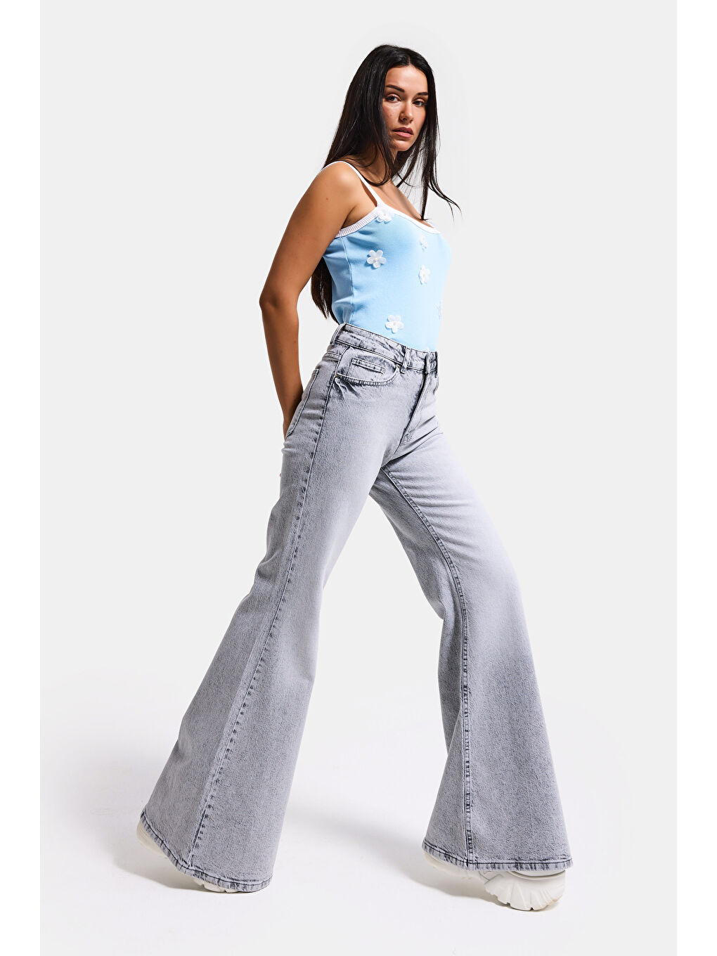 Kadın Gri 4s6-12 Flare Fit Komfort Kumaş Denim Jean-4