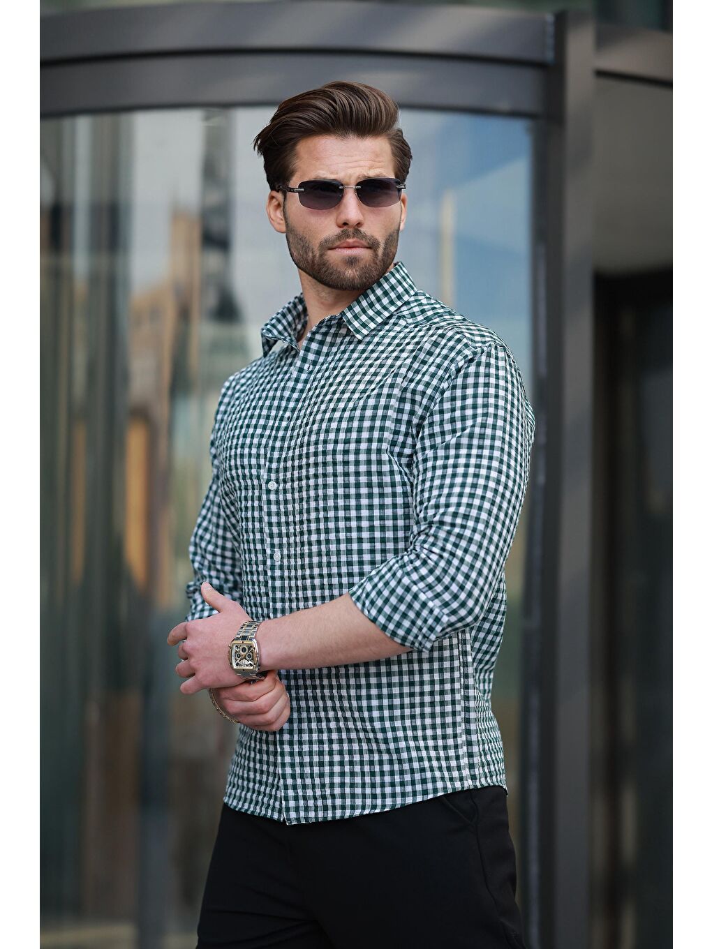 Yeşil Pötikareli Uzun Kollu Erkek Gömlek E6763-1