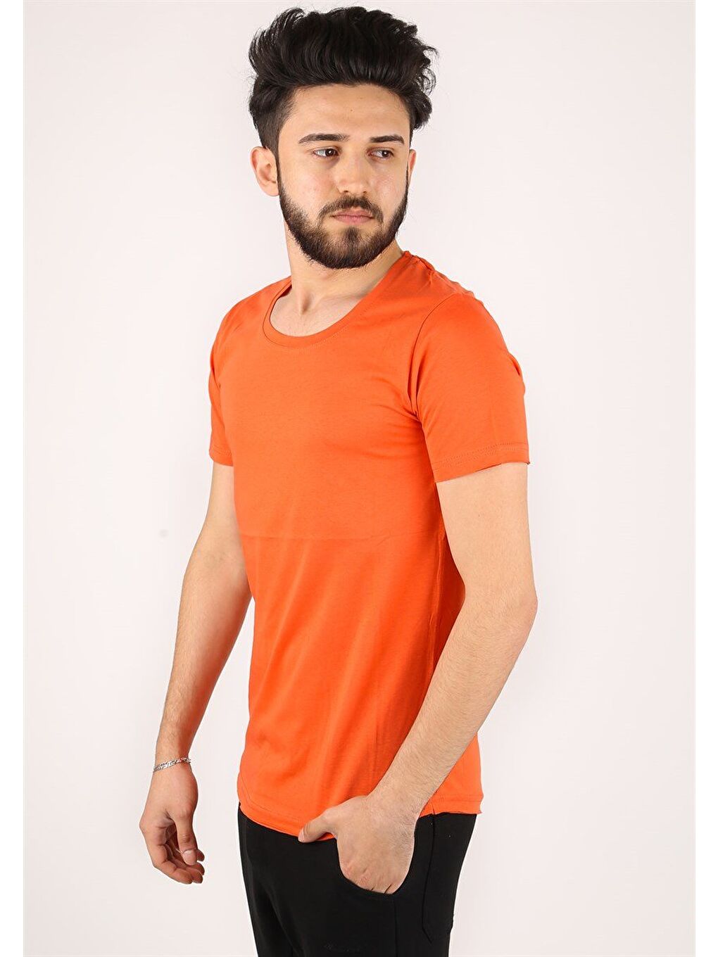 Bisiklet Yaka Turuncu %100 Pamuk Tişört 2308-1