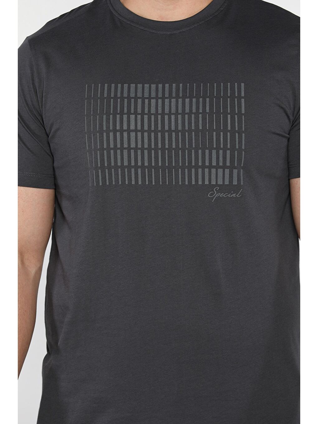 Gri Erkek Bisiklet Yaka Baskılı Tişört-3