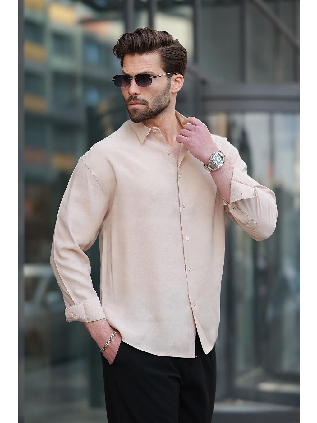 Bej Basic Uzun Kollu Erkek Gömlek E6762-1