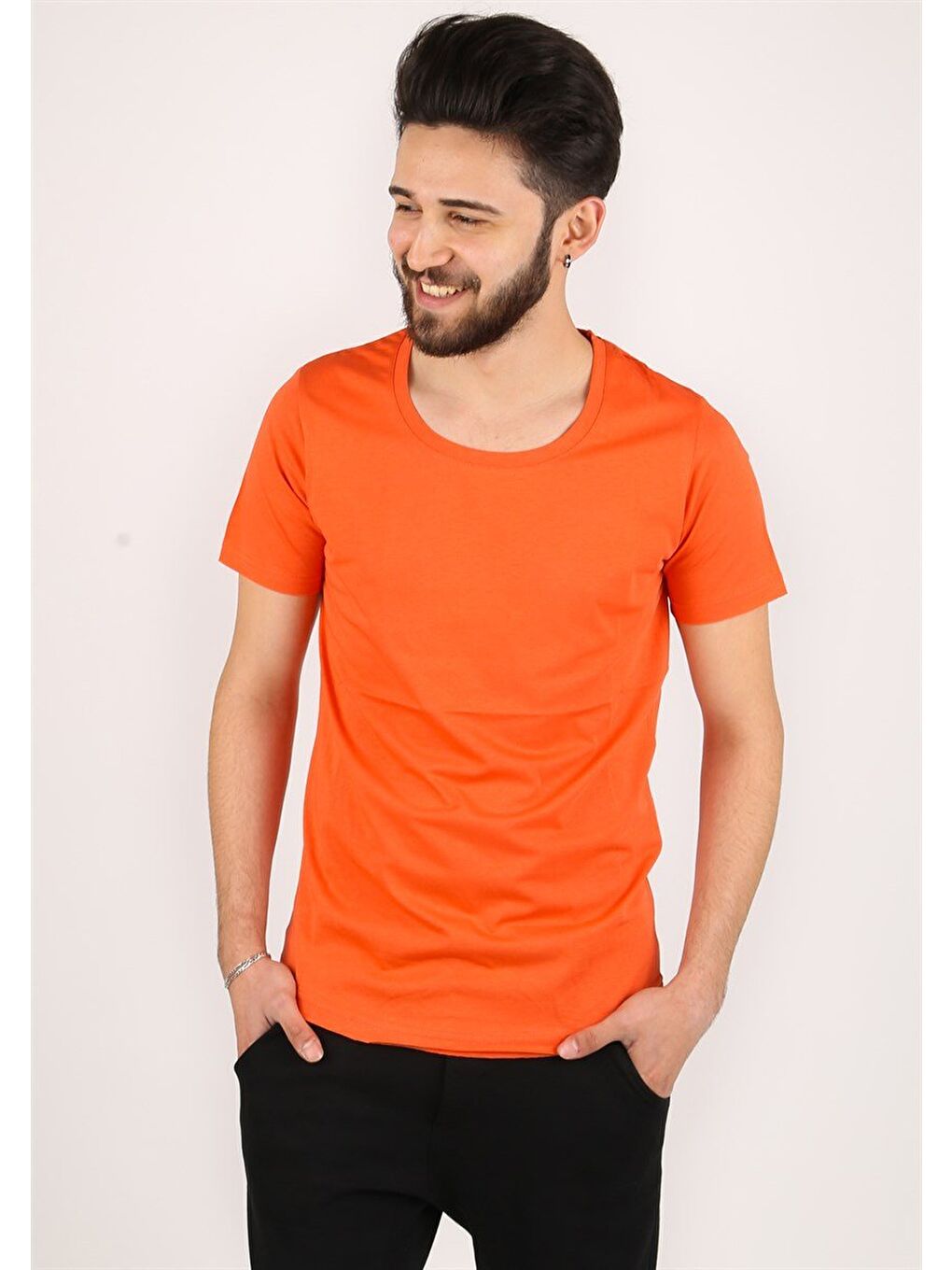 Bisiklet Yaka Turuncu %100 Pamuk Tişört 2308-3