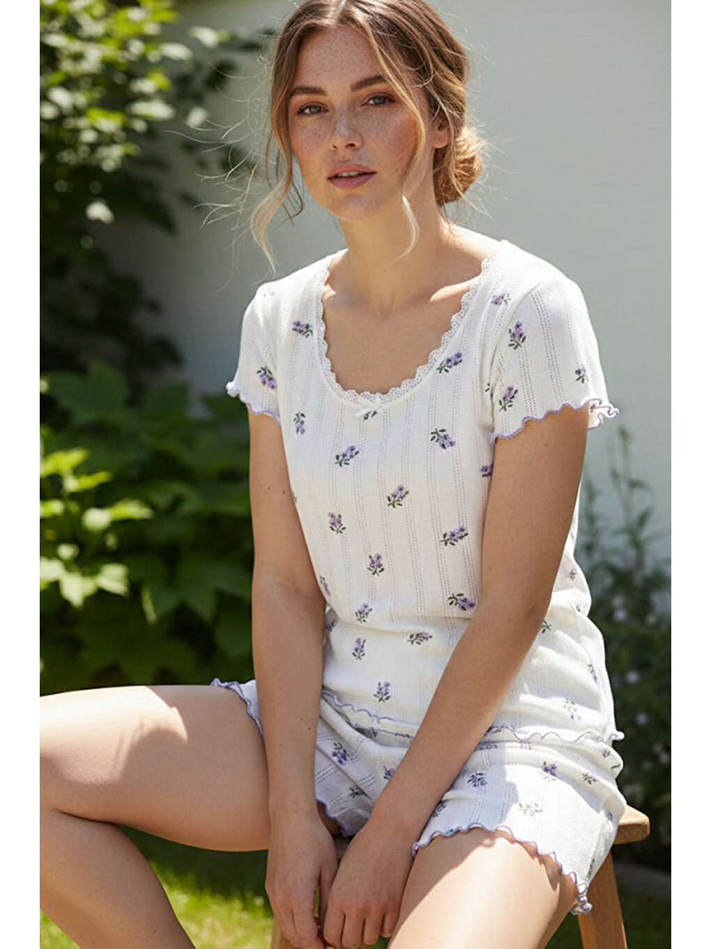 Ekru Lila Çiçekli Pamuklu Pointel Ajurlu/delikli Kısa Kollu Örme Şortlu Pijama Takım 26120252