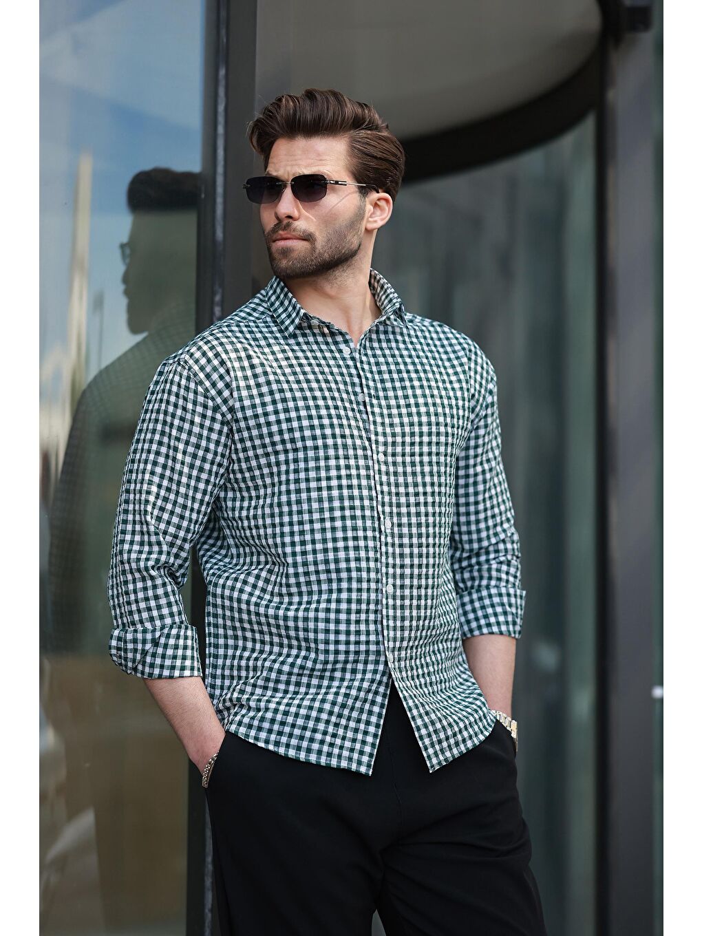 Yeşil Pötikareli Uzun Kollu Erkek Gömlek E6763-2