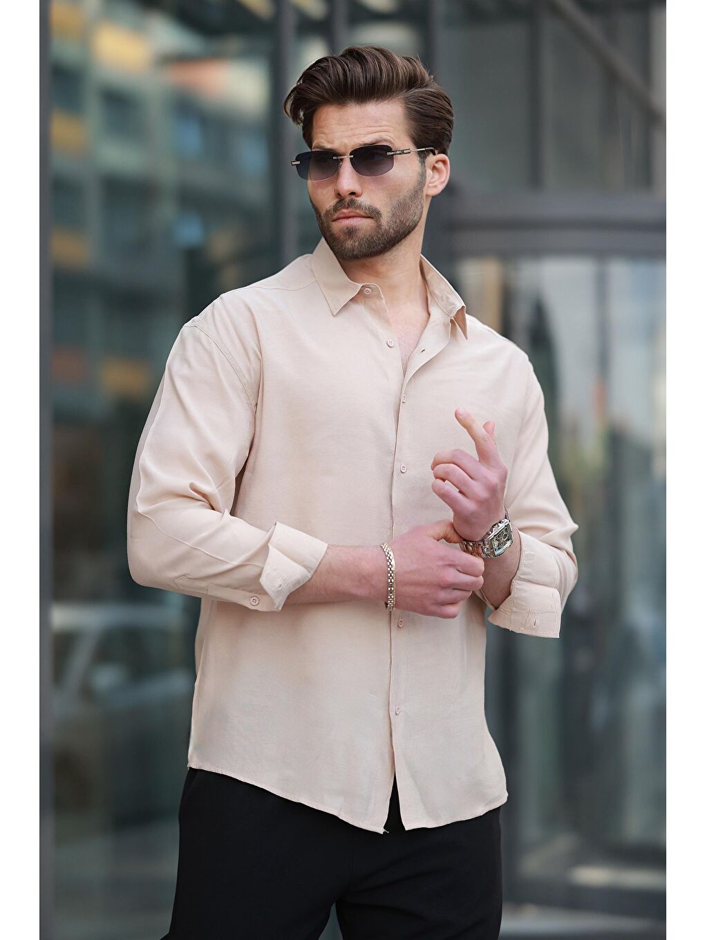 Bej Basic Uzun Kollu Erkek Gömlek E6762-2