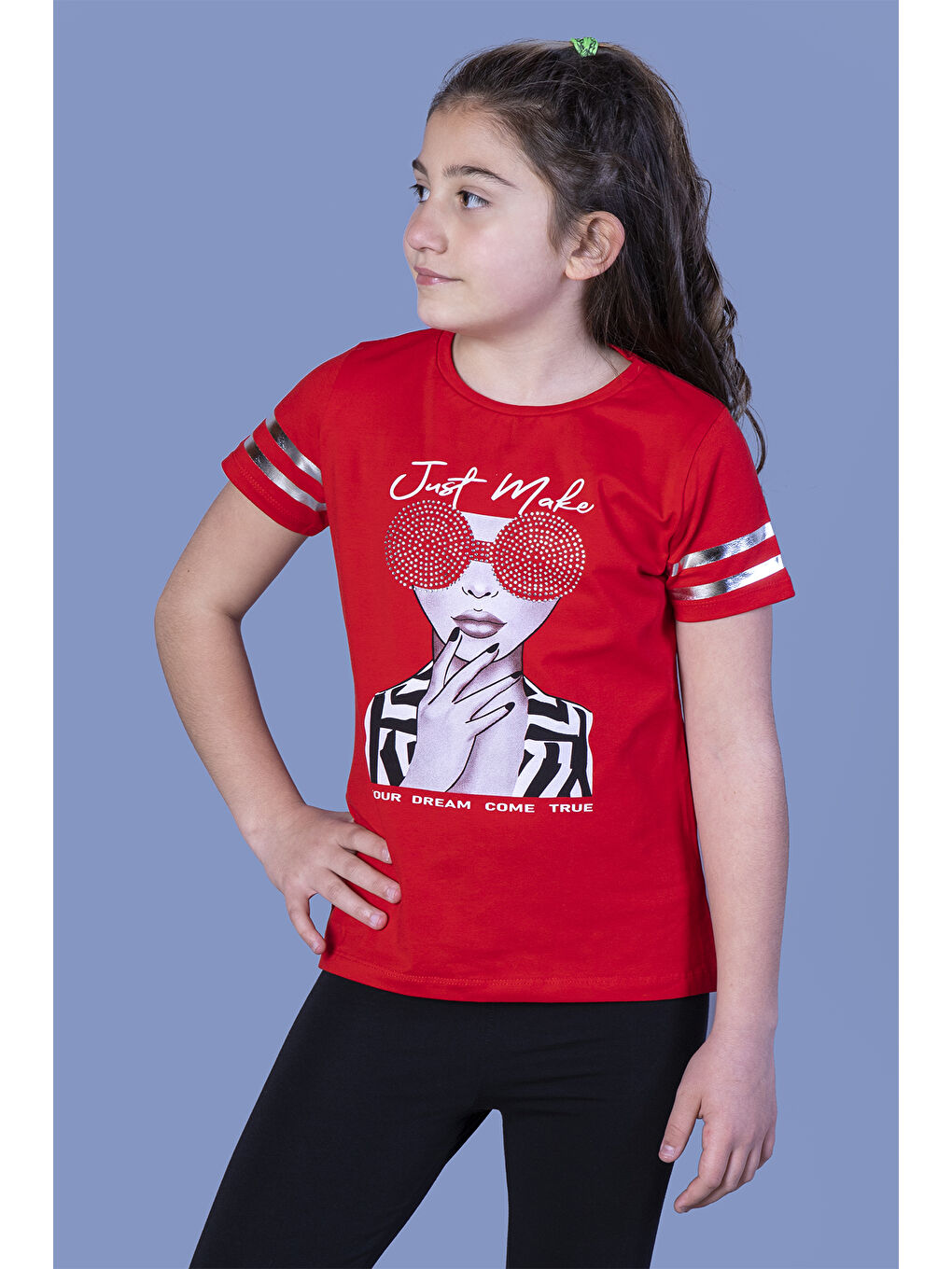 Kırmızı Kız Çocuk Baskılı Taş İşlemeli Arkası Tül Detaylı Tişört