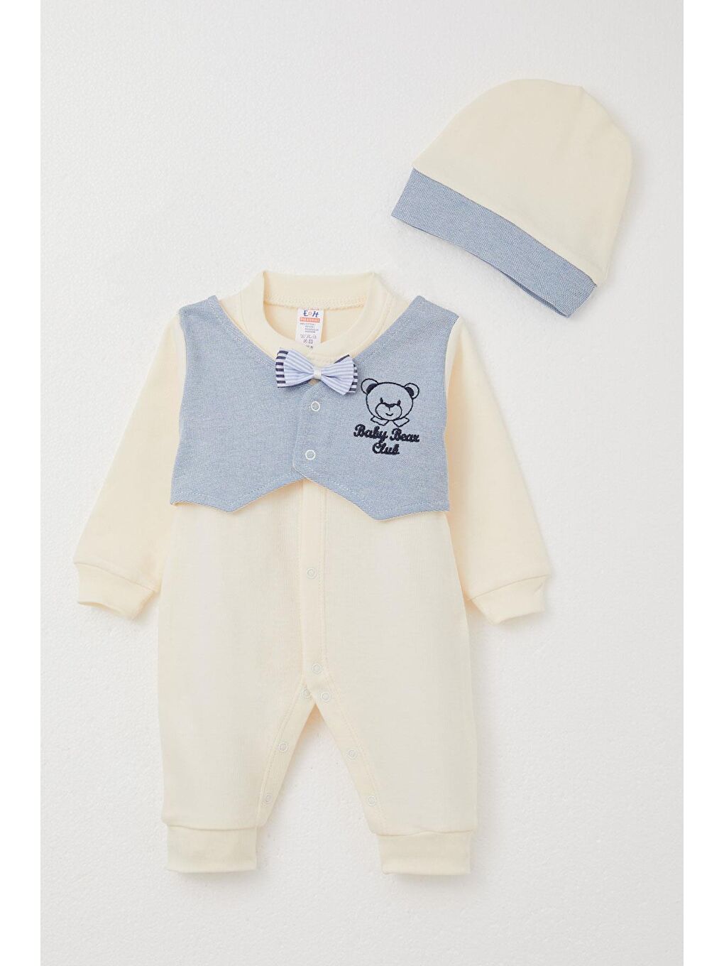 Ekru Erkek Bebek Tulum Sabit Papyonlu Yelekli Krem (0-6 Ay)