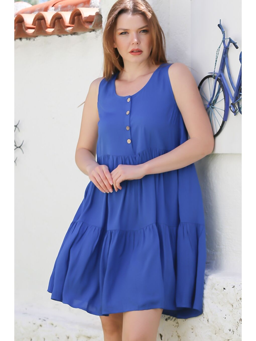 Mavi Havuz Yaka Kolsuz Düğmeli Eteği Fırfırlı Casual Viskon Dokuma Elbise 103 56-1