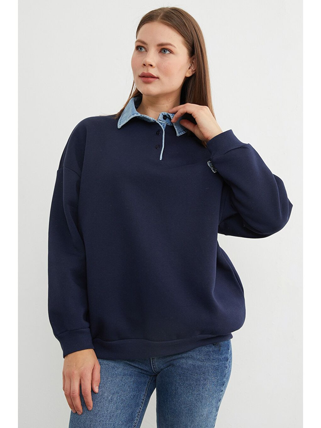 Lacivert 3 İplik Kalp Nakışlı Polo Yaka Denim Detaylı Sweatshirt