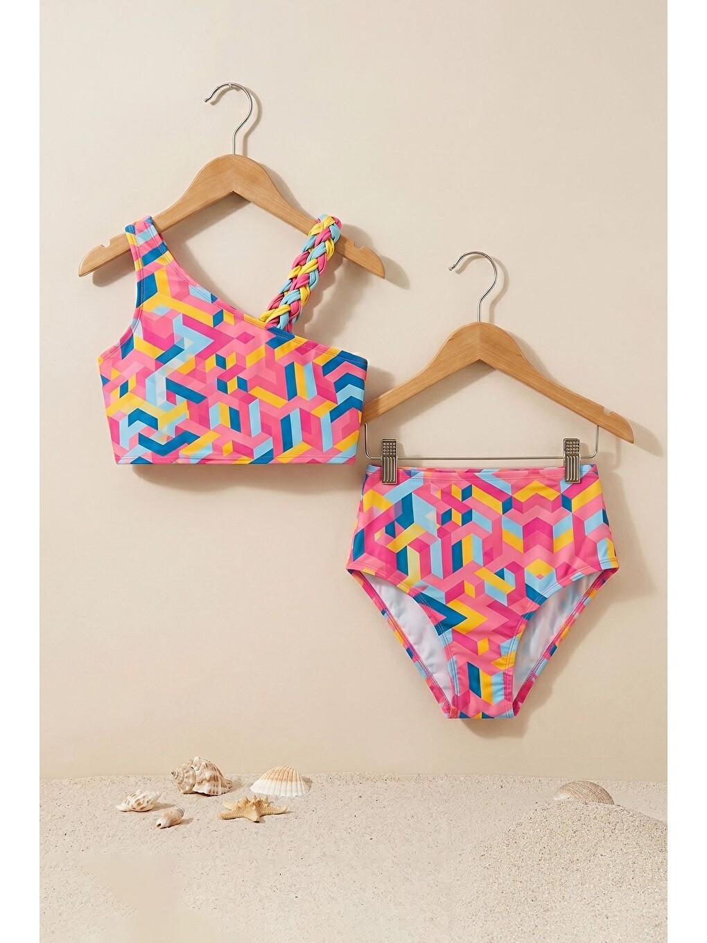 Turuncu Kız Çocuk Asimetrik Örgü Askılı Renkli Bikini