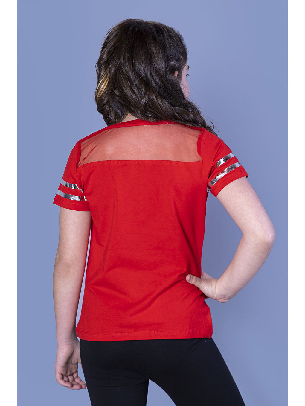 Kırmızı Kız Çocuk Baskılı Taş İşlemeli Arkası Tül Detaylı Tişört-1