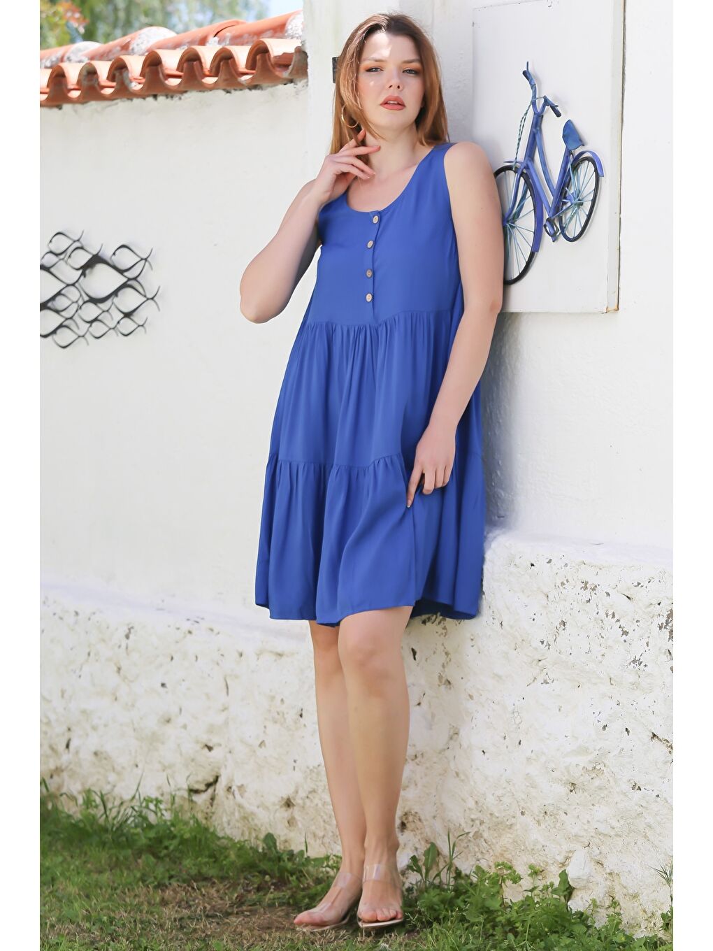 Mavi Havuz Yaka Kolsuz Düğmeli Eteği Fırfırlı Casual Viskon Dokuma Elbise 103 56-2