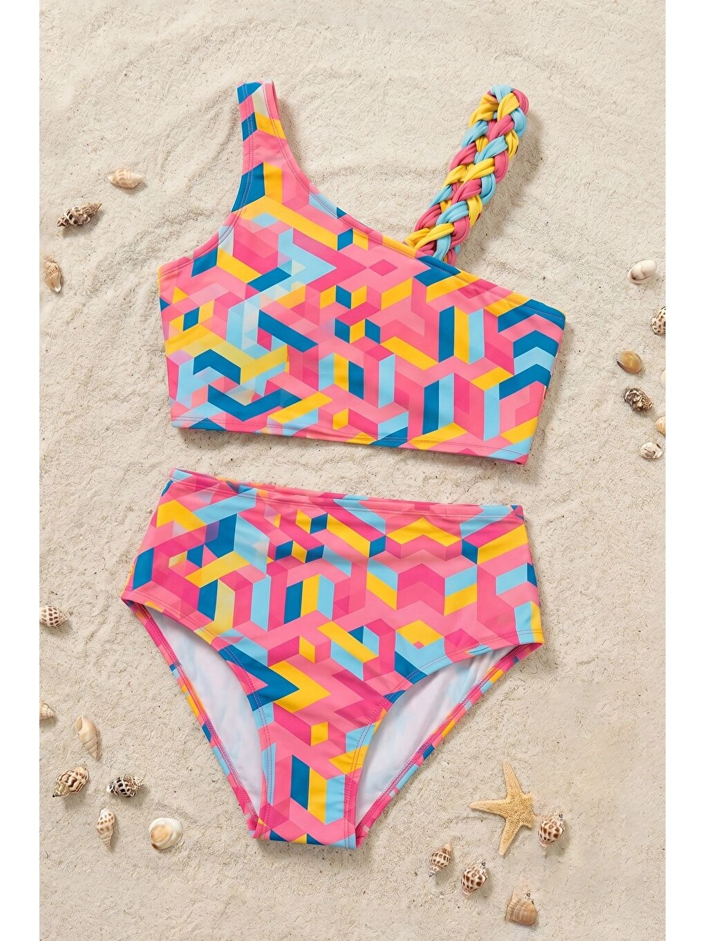 Turuncu Kız Çocuk Asimetrik Örgü Askılı Renkli Bikini-5
