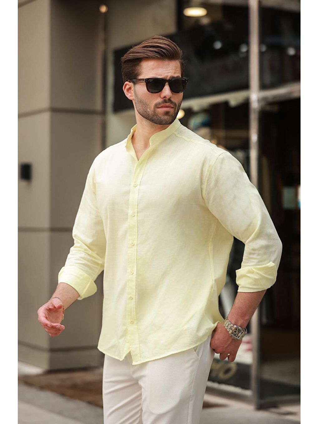 Sarı Hakim Yaka Keten Görünümlü Pamuklu Uzun Kollu Erkek Gömlek 6745