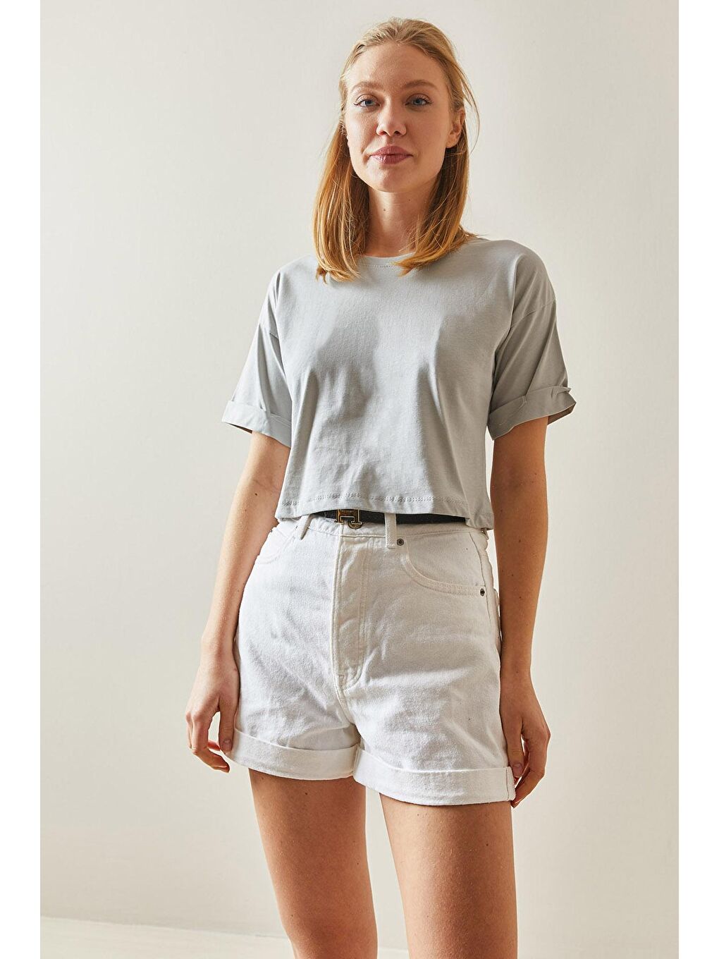 Gri Bisiklet Yaka Oversize Kolları Katlı Crop Tişört 4KXK1-47900-03-1