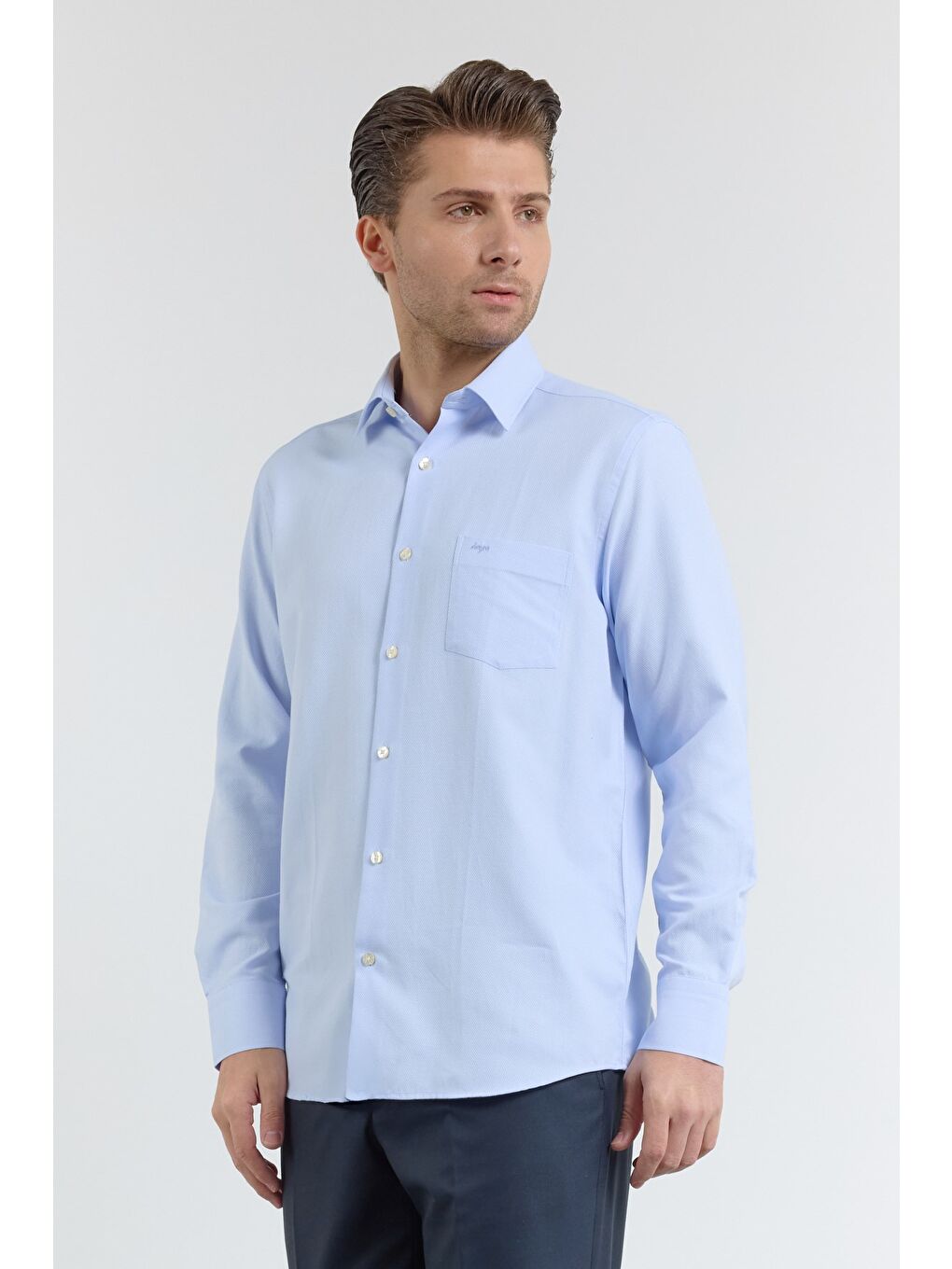 Mavi Kendinden Desenli Sert Yaka Uzun Kol Cepli Comfort Fit Pamuklu Gömlek 1004255206