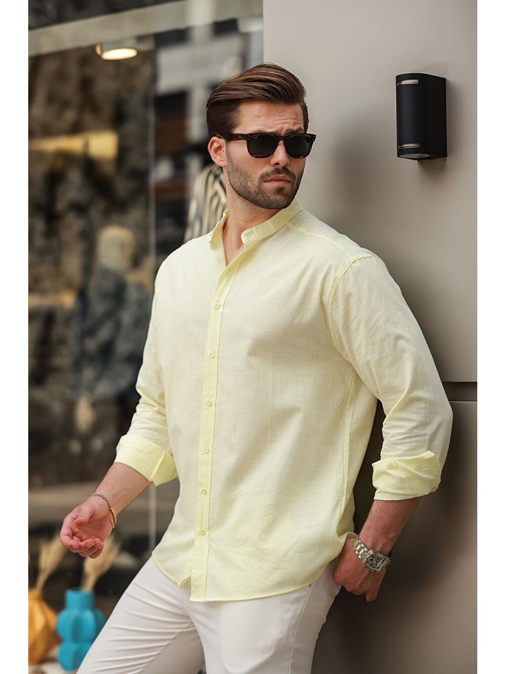 Sarı Hakim Yaka Keten Görünümlü Pamuklu Uzun Kollu Erkek Gömlek 6745-1