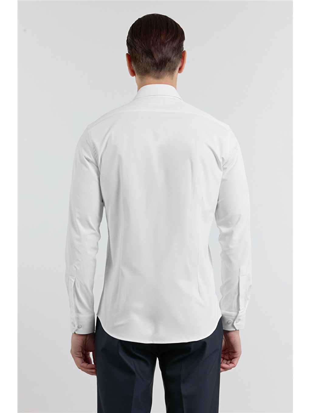 Beyaz Kendinden Desenli Sert Yaka Uzun Kol Cepsiz Slim Fit Pamuklu Gömlek 1004255230-4