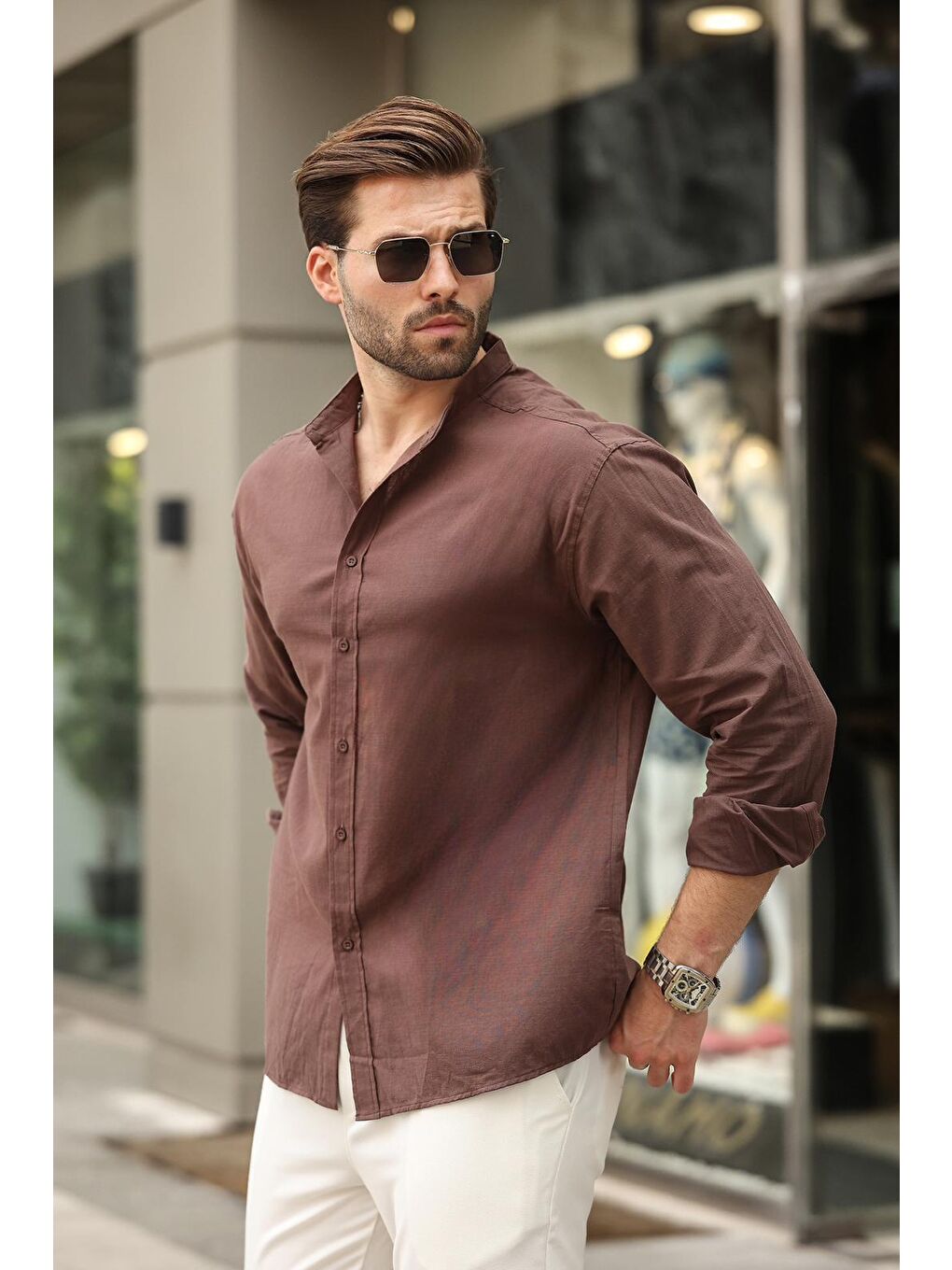 Kahverengi Hakim Yaka Keten Görünümlü Pamuklu Uzun Kollu Erkek %100 Pamuk Gömlek 6745-1