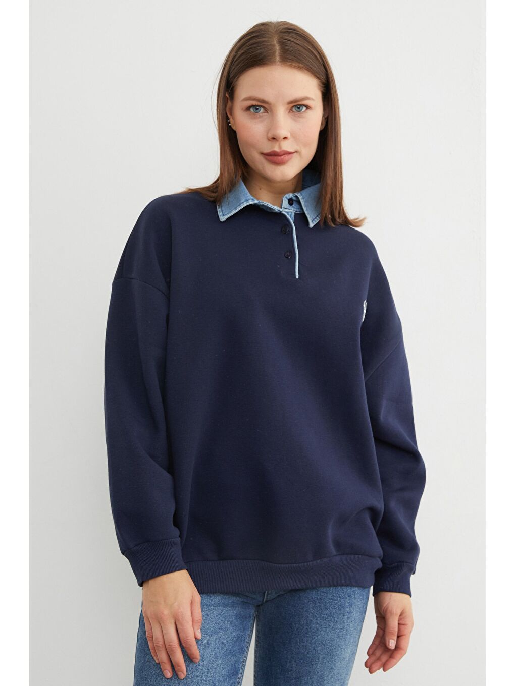 Lacivert 3 İplik Kalp Nakışlı Polo Yaka Denim Detaylı Sweatshirt-2