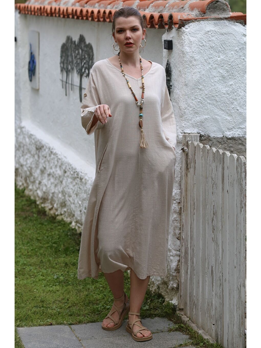 Bej V Yaka Düğmeli Uzun Kollu Casual Keten Görünümlü Dokuma Elbise 118 60-1