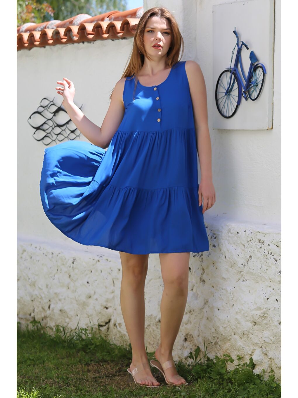 Mavi Havuz Yaka Kolsuz Düğmeli Eteği Fırfırlı Casual Viskon Dokuma Elbise 103 56-4