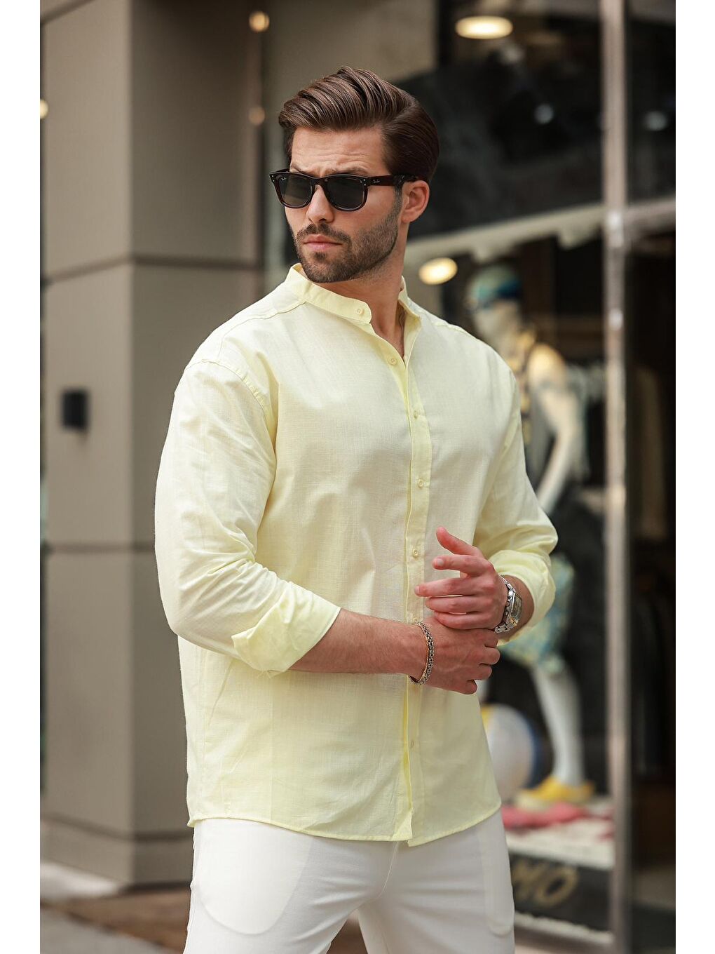 Sarı Hakim Yaka Keten Görünümlü Pamuklu Uzun Kollu Erkek Gömlek 6745-2