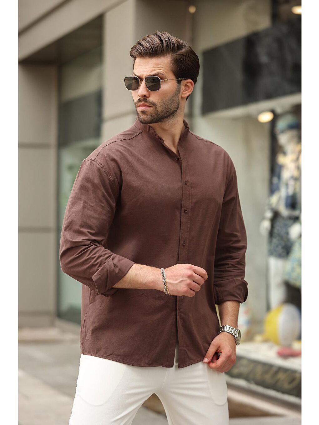 Kahverengi Hakim Yaka Keten Görünümlü Pamuklu Uzun Kollu Erkek %100 Pamuk Gömlek 6745-2